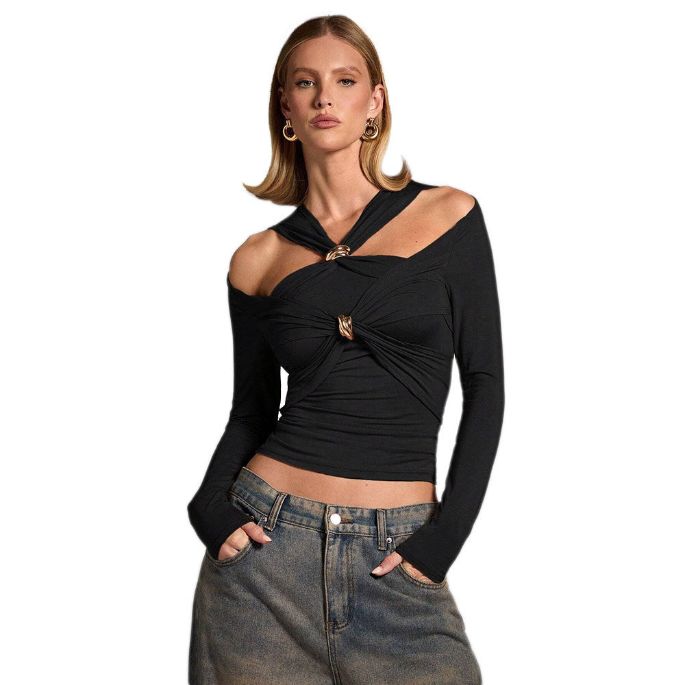Fashionins cross-border fashion sense of design women's street style t-shirt spring and summer off-shoulder silmeleganttops