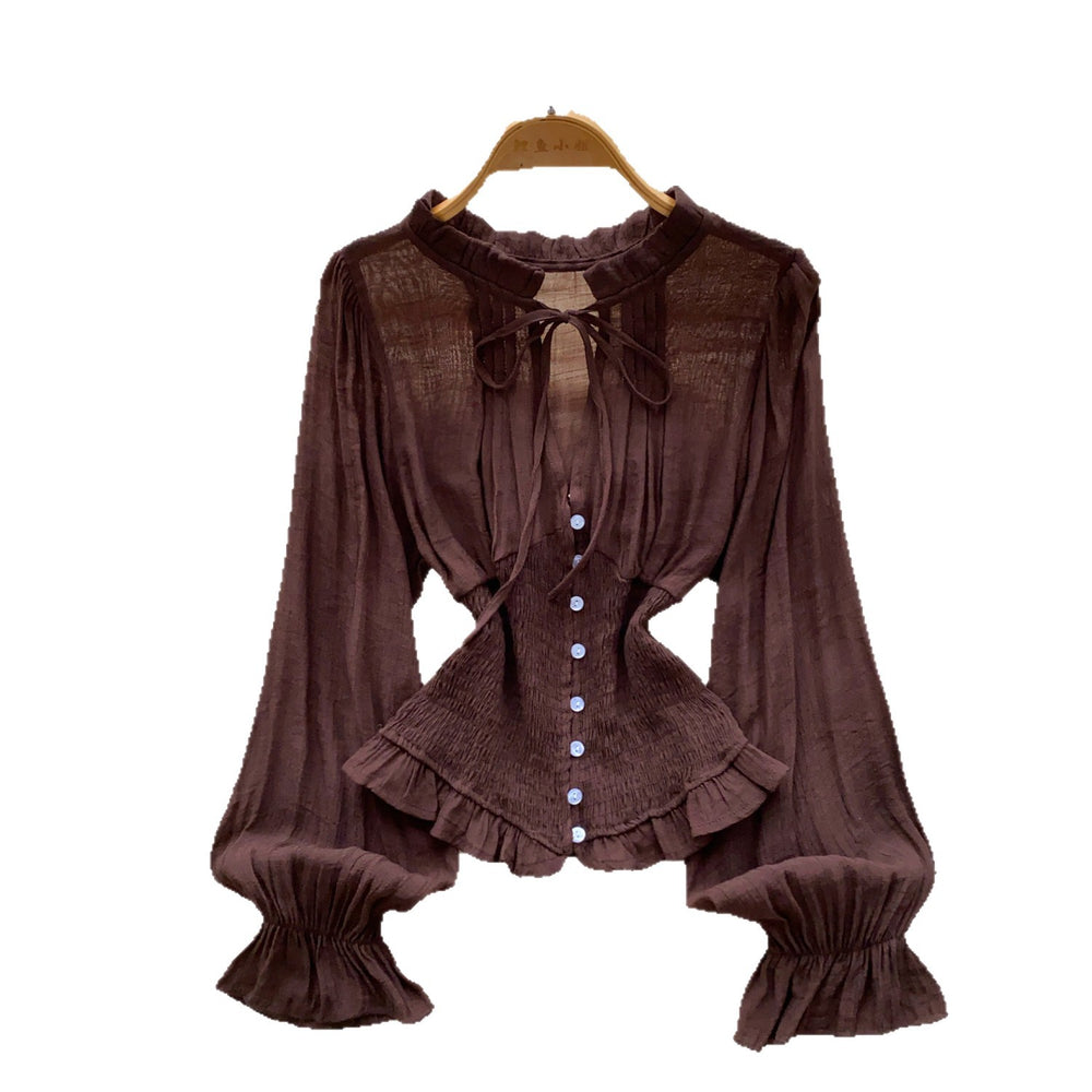 French court style ruffle-trimmed bell sleeve chiffon blouse - women's summer, elegant, and figure-flattering top with tie waist