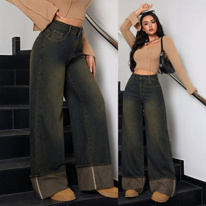Fashionjeans women's high waist retro yellow mud dyed wide leg jeans cuffed trousers distressed loosestraight-legpants