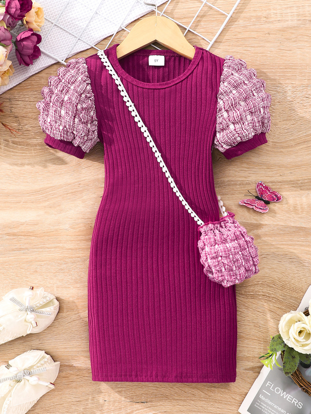 Kids' lightweight bubble sleeve short-sleeve crew neck solid color dress with bubble detail
