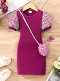 Kids' lightweight bubble sleeve short-sleeve crew neck solid color dress with bubble detail