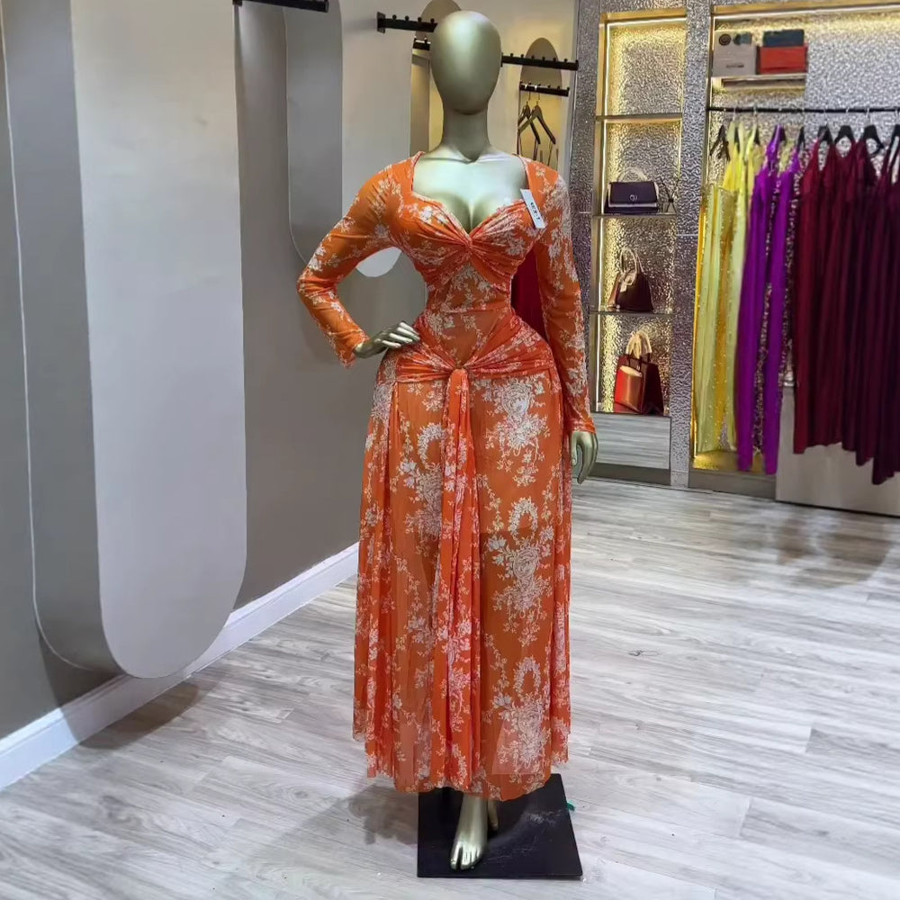 European and american cross-border women's clothing:  summer new arrival - elegant square neck bandeau printed slim-fit maxi dress