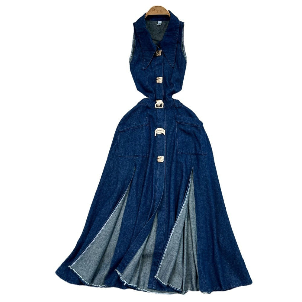 Retro lapel cut out waist exposed waist slimming look sleeveless single breasted a-line slit denim dress casual long skirt