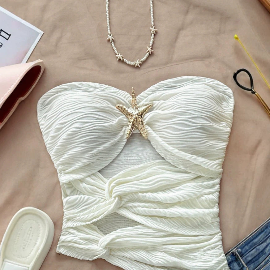 new european and american solid color bandeau sexy tank top women's pure desire vacation style top