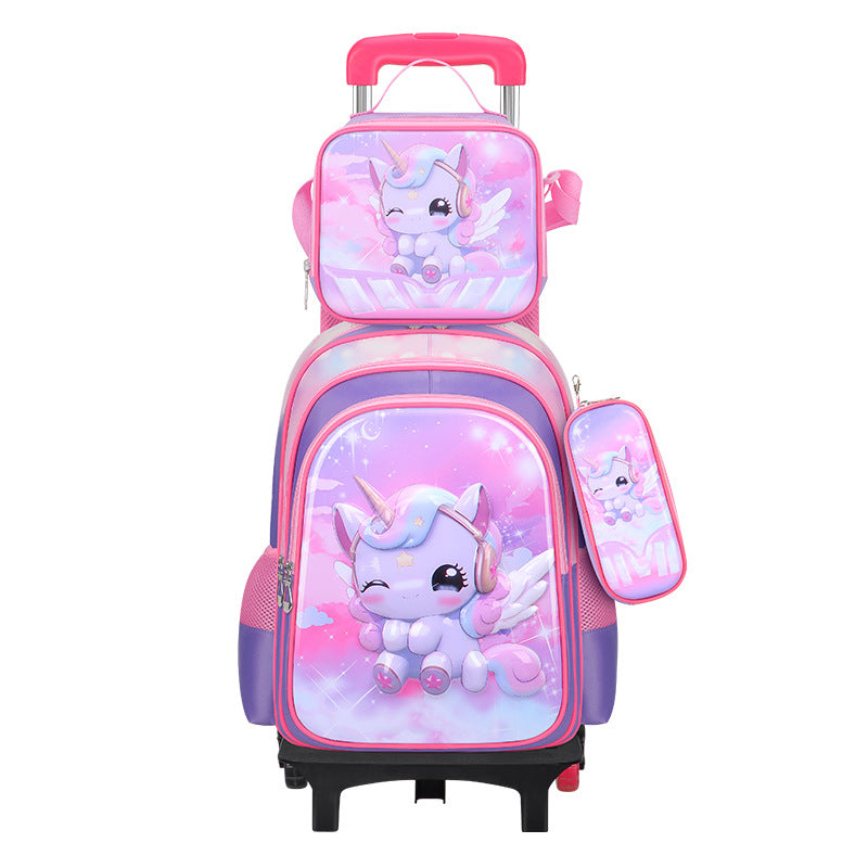 New 3d leather elementary school nylon fabric three-piece set kids' trolley backpack foreign trade lunch bag factory in stock