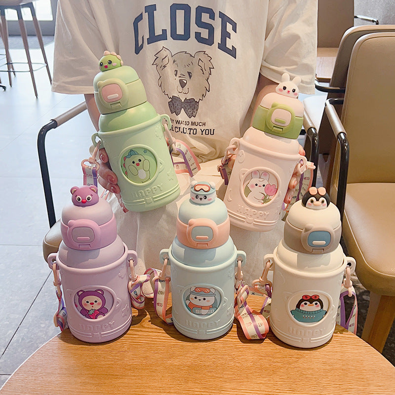 High-value 316 stainless steel food-grade cute cartoon double-drink straw water bottle gift for kids (plush toy design)