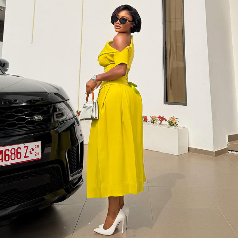 European and american women's clothing  summer new sweet and fresh asymmetrical neck off-shoulder short sleeve high-waisted slimming midi dress
