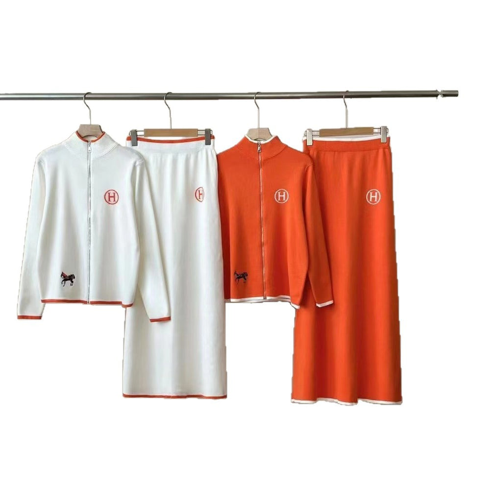 fashion new product creative horse embroiderycontrast colorlong sleeves woolen outwear+casualknitting midi skirttwo-piece set