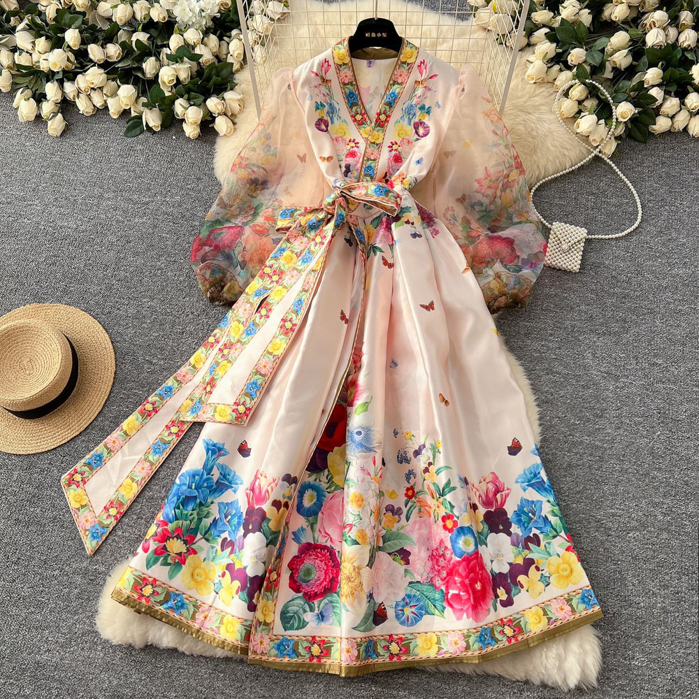 European and american retro v-neck mesh lantern sleeve tie-waist maxi dress with a-line print - french style