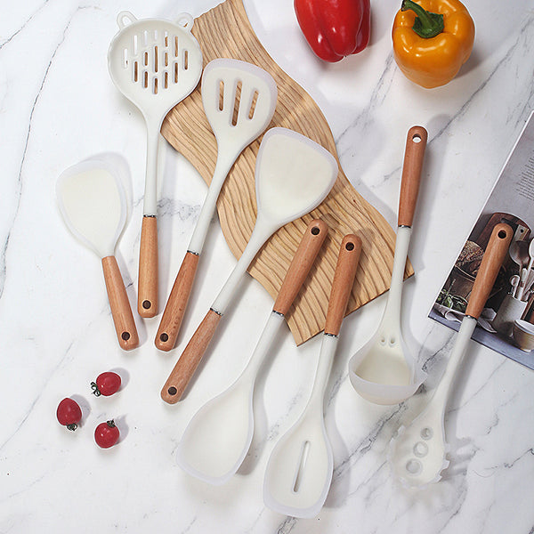 Beech handle transparent white silicone spatula food grade high temperature resistant spoon colander kitchen household cooking spatula set