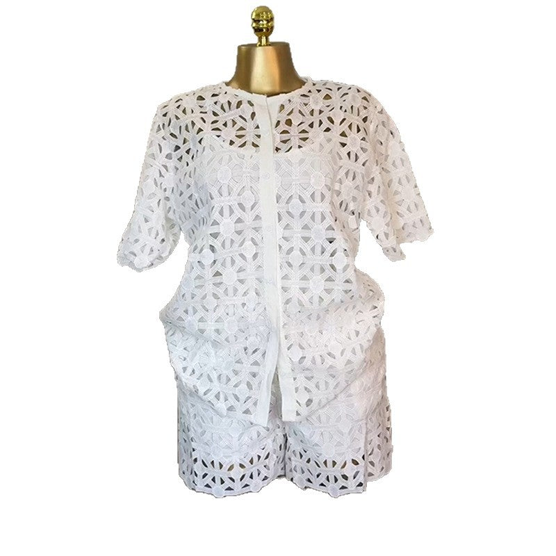 European and american cross-border women's fashion  summer new collection: stylish round neck hollow-out short sleeve shirt and wide leg shorts casual set