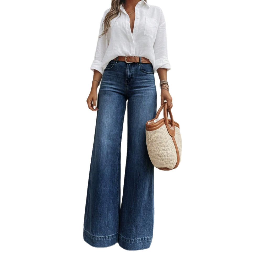 European and american style women's dark blue high-waisted wide-leg jeans - vintage washed, loose fit, flowy, floor-length flare pants