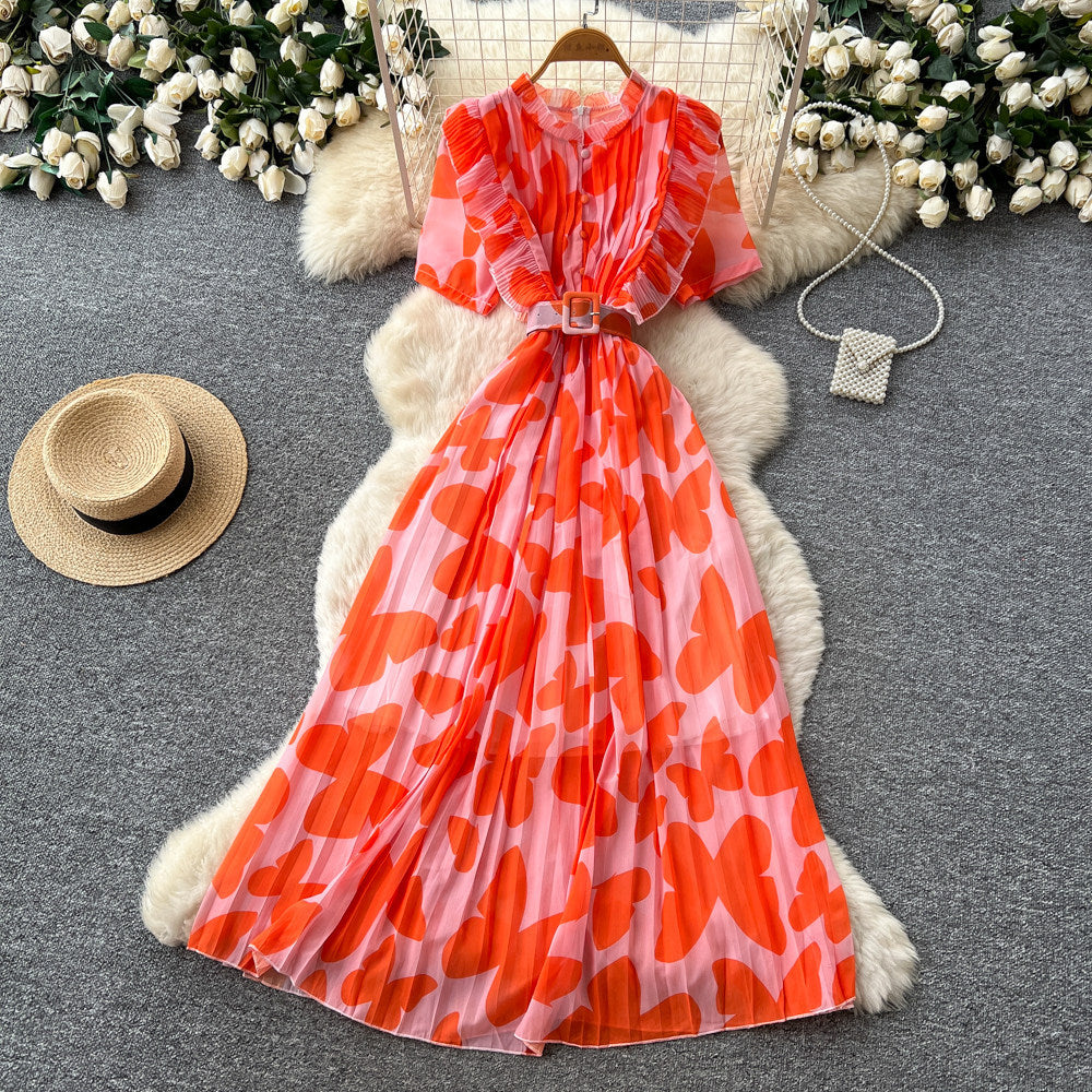 French riviera style butterfly print dress - women's summer korean v-neck slimming a-line maxi dress - elegant & commute-friendly