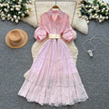 French chic lantern sleeve patchwork midi dress with embroidered mesh detail - summer luxury women's dress