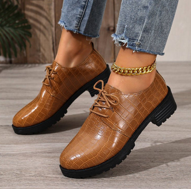 Foreign trade large size versatile single shoes thick heel thick sole lace-up small leather shoes women's British style loafers