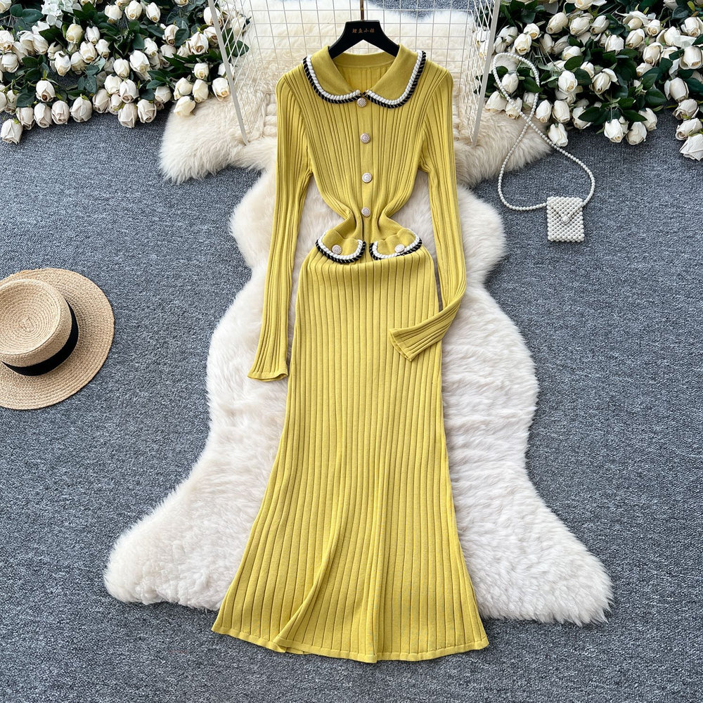 autumn new arrival: high-end chanel-inspired chic color block turn-down collar long sleeve slim-fit knitted dress for women