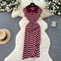 Korean chic summer dress: niche retro polo collar short sleeve striped midi dress - women's slim fit, elegant slit design