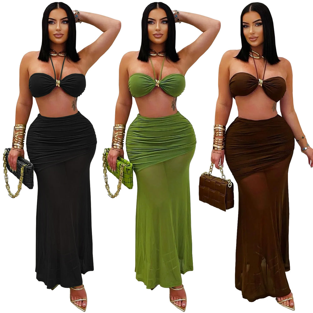 C7456 cross-border   fashion women's sexy bandeau sleeveless ruched mesh maxi dress new