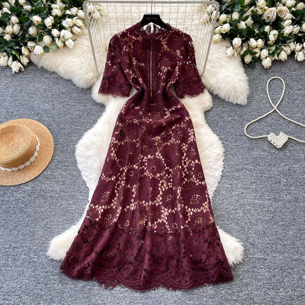 French sweet style pink hollow-out lace dress - women's summer korean style, slimming a-line dress for work and everyday wear