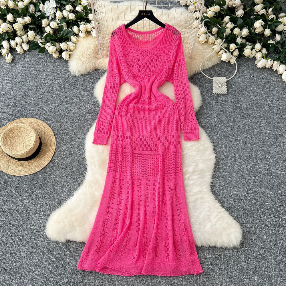 Korean style hollow-out crochet knit dress - women's slimming, long-sleeved dress with inner layer camisole two-piece set