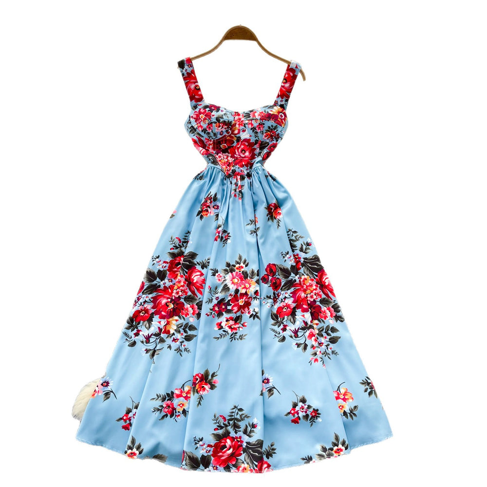 French sleeveless printed camisole dress - women's summer high-waisted slimming a-line maxi dress - chic and elegant