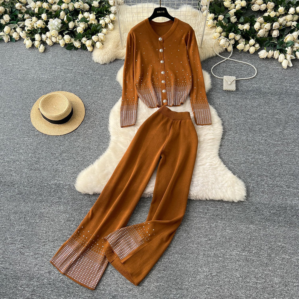 Fashion celebrity fashion rhinestone round neck knittingcardiganhigh waistloose wide legpantsfall and winterknittingtwo-piece set for women