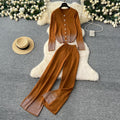 Fashion celebrity fashion rhinestone round neck knittingcardiganhigh waistloose wide legpantsfall and winterknittingtwo-piece set for women