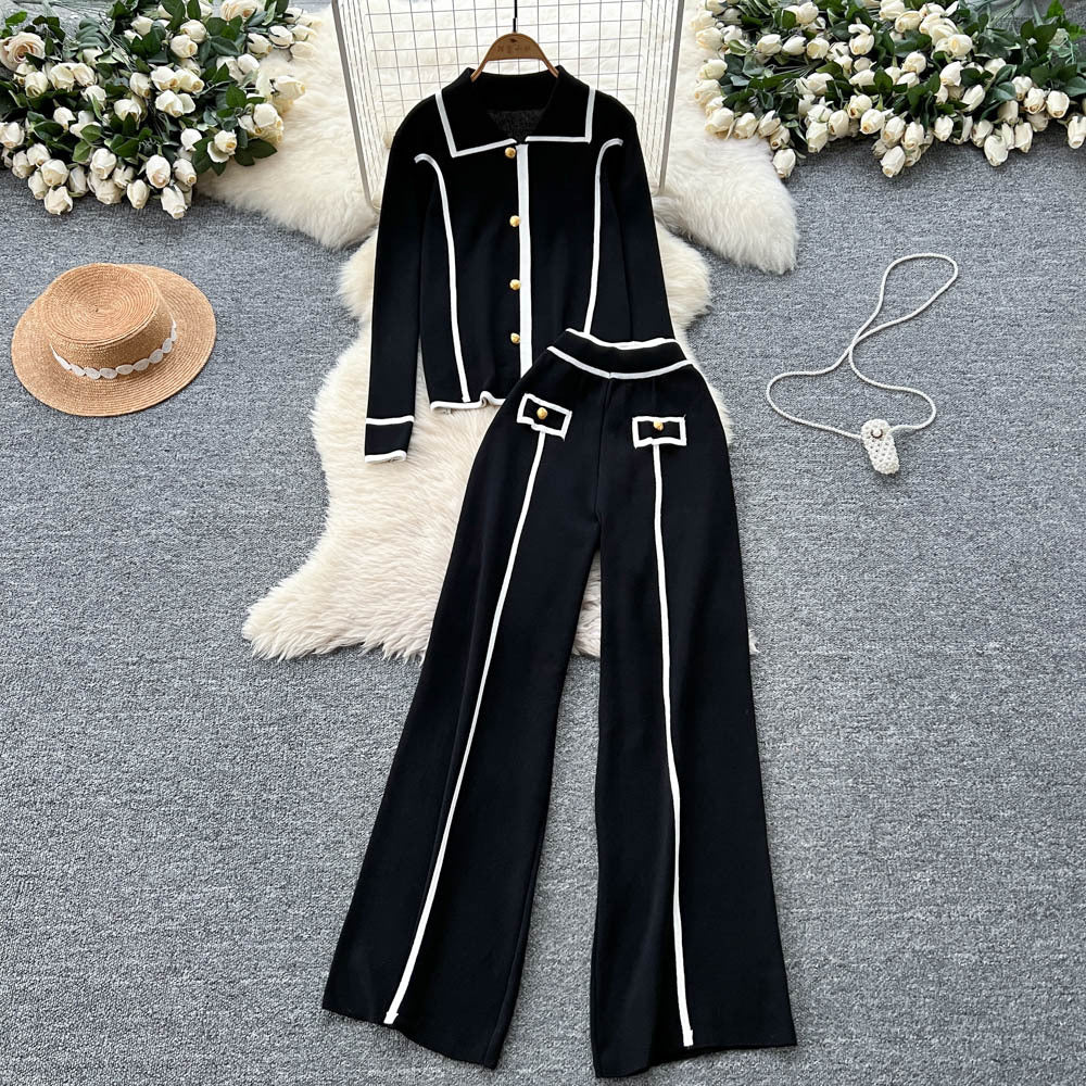 High-end fashionablecontrast color metal buckle polo collar long sleevesknittingtops women's high waist wide leg straight-leg pants two-piece set