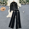 High-end fashionablecontrast color metal buckle polo collar long sleevesknittingtops women's high waist wide leg straight-leg pants two-piece set
