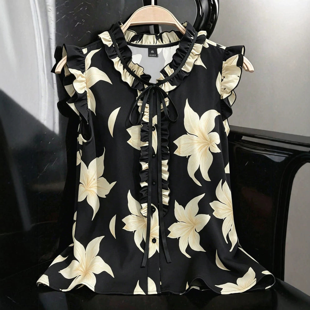 Simple retro floral print sleeveless top with ruffle neck and bow tie – casual commute women's apparel, 1688 source