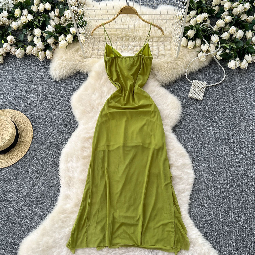 Goddess-style design: subtle twist knot cami dress - women's  summer collection - ruched waist, asymmetrical maxi dress