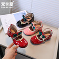 Vancahao kids chunky heel round toe mary jane leather shoes  new girls' cute bow princess shoes