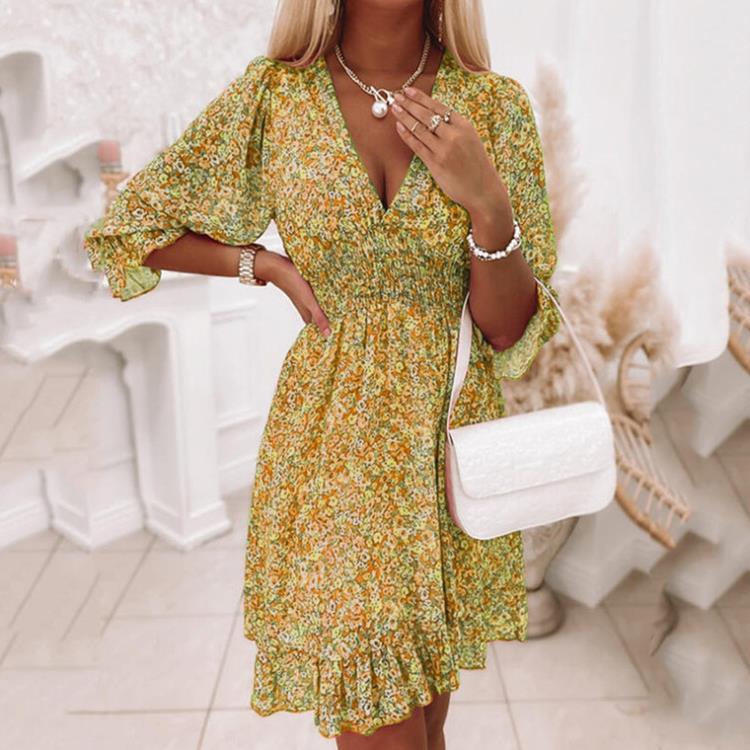 Dress summer  European and American  waist pullover medium and long dress bohemian print short sleeve floral dress women