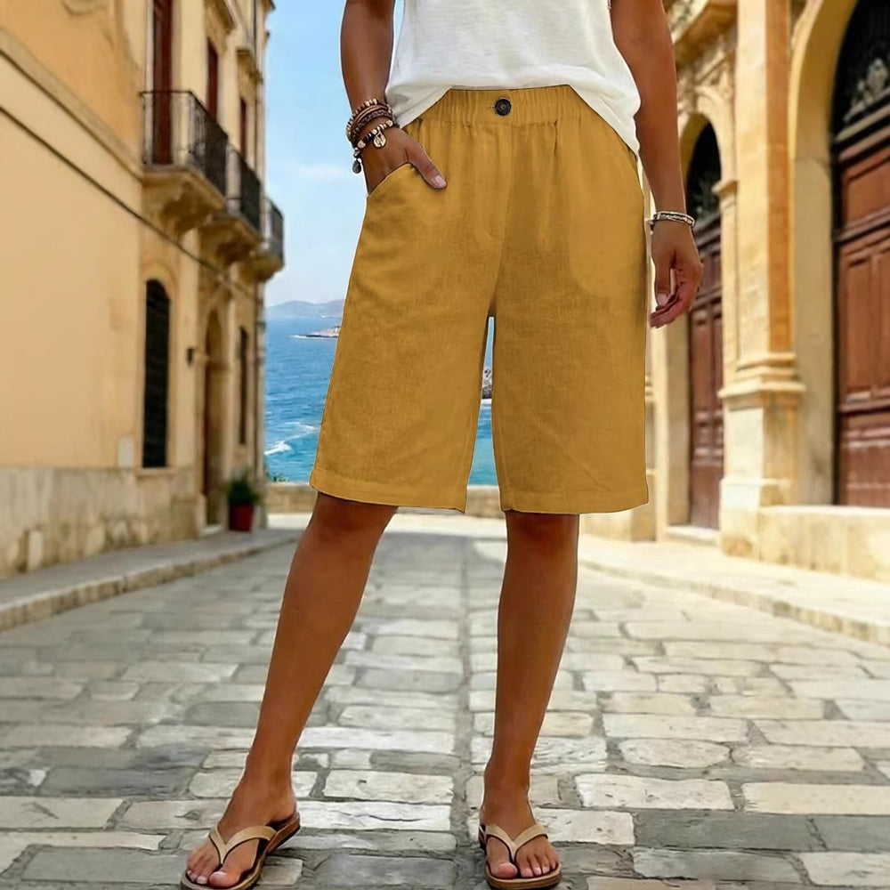 european and american  new women's faux cotton linen shorts - summer casual everyday mid-rise solid color shorts