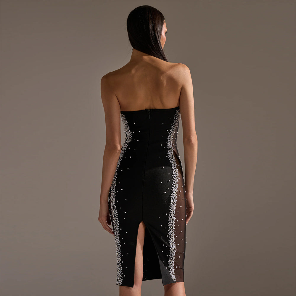 C7791 cross-border  new women's bandeau see-through pearl beaded bodycon sexy socialite party dress
