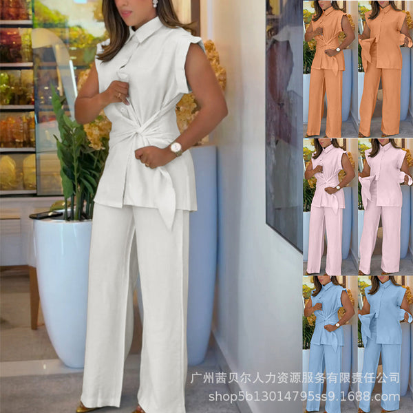 ODL2302 Women's Fashion Sleeveless Strap Shirt Wide Leg Pants Set