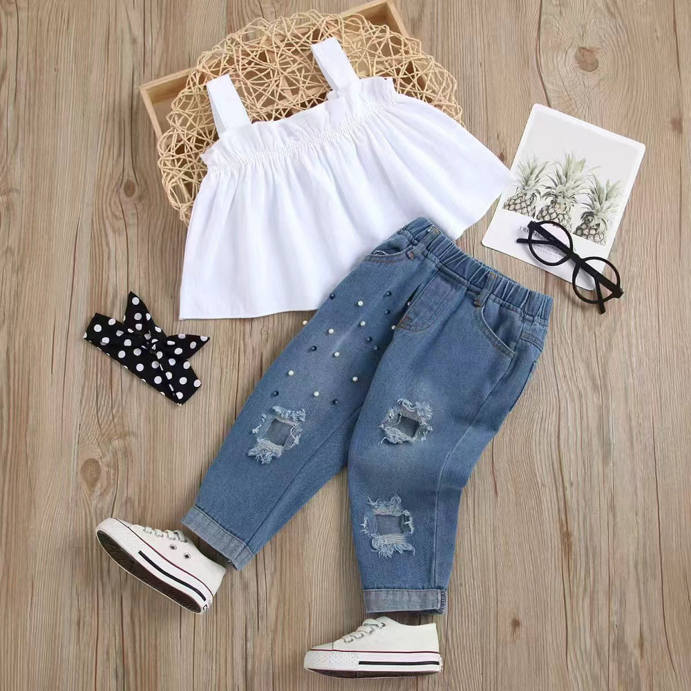 Girls' summer denim outfit: white lace cami top with beaded detail & distressed denim pants, includes headband