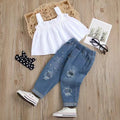 Girls' summer denim outfit: white lace cami top with beaded detail & distressed denim pants, includes headband