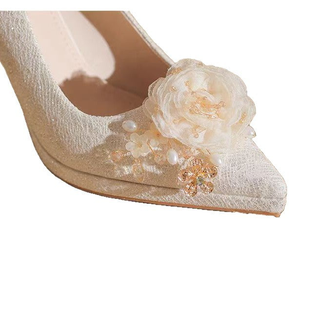 2025 new french champagne rhinestone floral platform heels - women's petite high heels for weddings and special occasions