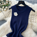 Frenchclassy lady flower contrast color sleeveless knittingpatchwork waist layered cake dress women's long skirt