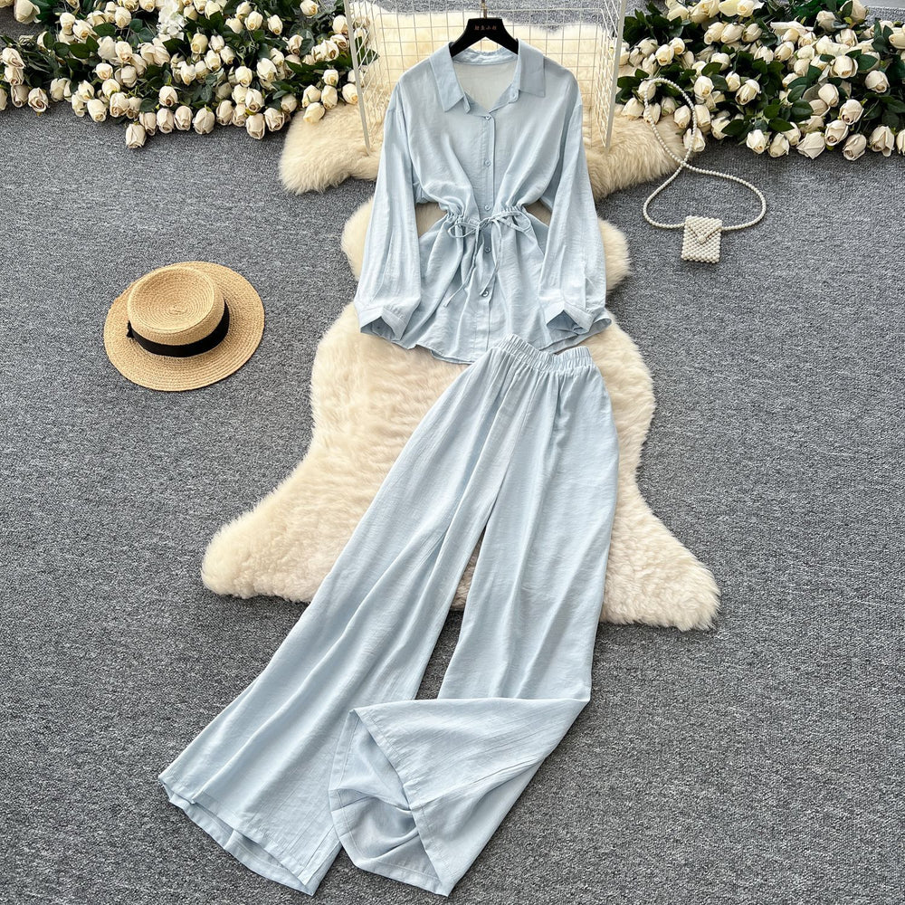 Light mature style wear women's summer wear sense of design drawstring straps waist long sleevesshirt high waist wide leg straight-leg pants suit