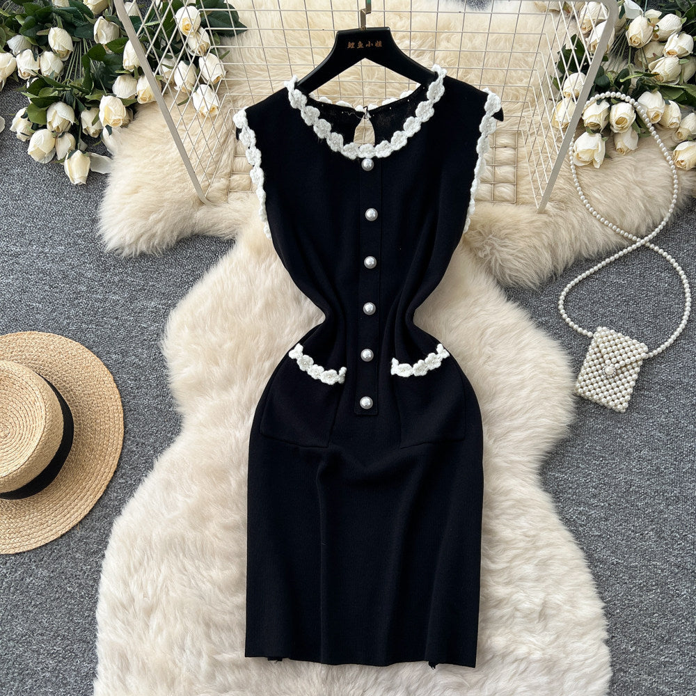 Xiaoxiangfeng pearl sleeveless blackdress women's summer waist slimming look pearl decoration qianjin style knitting skirt