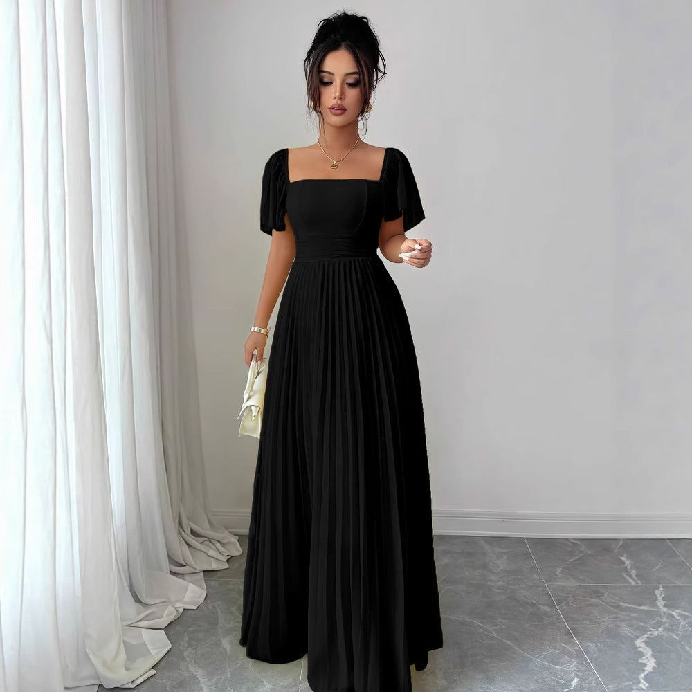 European and american cross-border women's fashion  summer solid color french bandeau backless cinched waist pleated elegant long dress