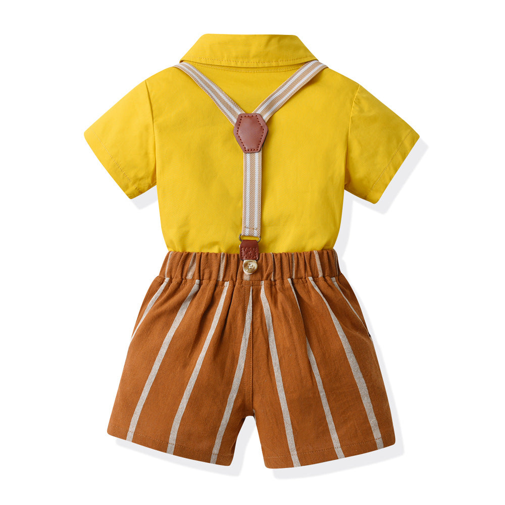 Korean style boys' summer outfit: stylish short-sleeve shirt and striped overalls set for boys