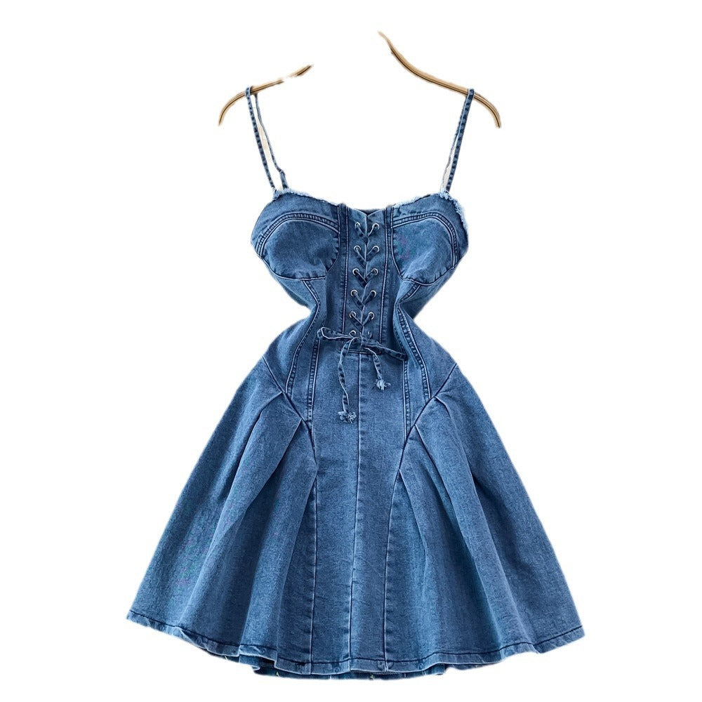 summer new arrival: tie-waist, slim-fit, backless, sleeveless, sexy & sweet spicy denim a-line dress for women