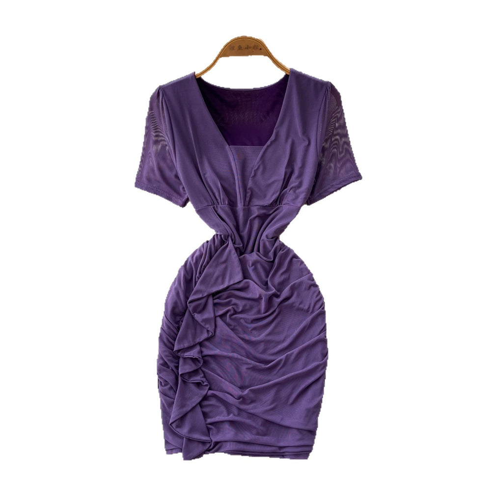 K-stylework clothing short-sleeved casualsilmdress women's summer purple v neck waist slimming look hip skirt a-line skirt