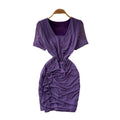 K-stylework clothing short-sleeved casualsilmdress women's summer purple v neck waist slimming look hip skirt a-line skirt