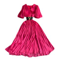 Summer french chic elegant puff sleeve short-sleeve dress v-neck pleated waist flared maxi dress with belt