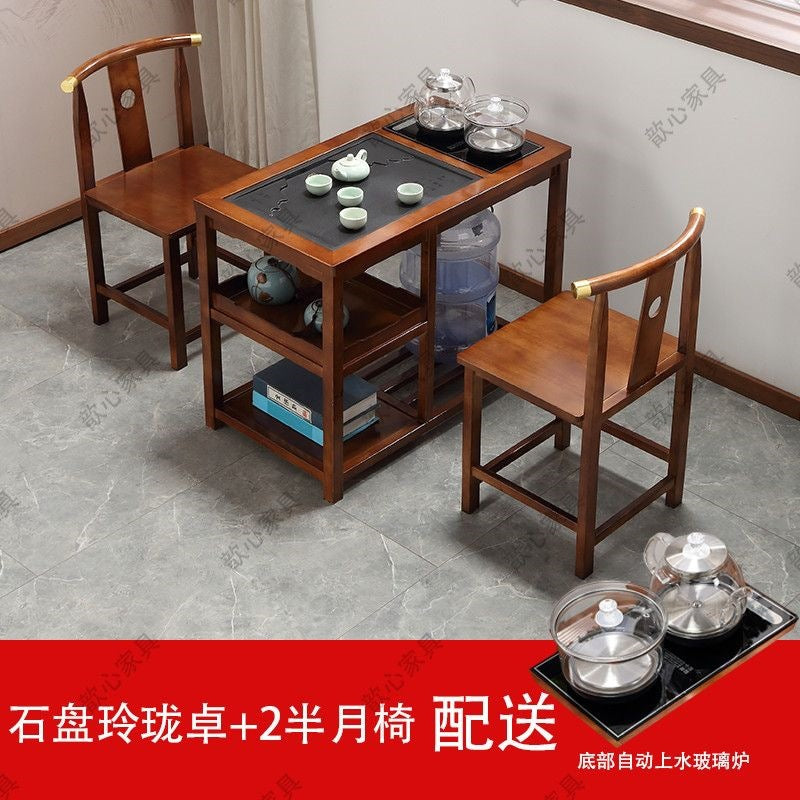 Solid wood balcony tea table small coffee table tea table and chair combination all-in-one complete set with water kettle stone plate zhuo casual