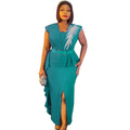 Special offer: african women's slim-fit slit pencil dress with rhinestone and ruffle detail - fashionable sleeveless two-piece look